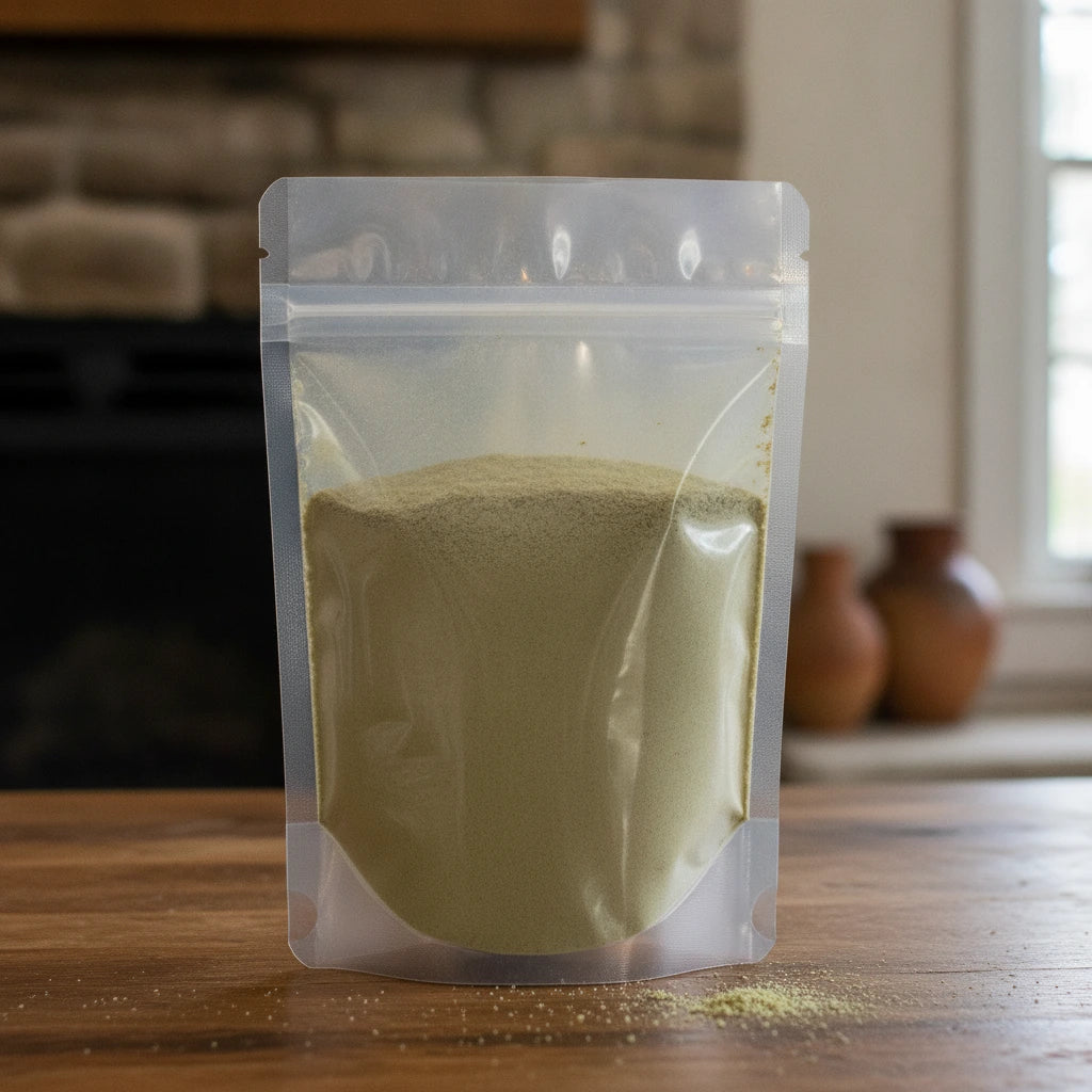 Sage Leaf Powder (Salvia Officinalis) | The herb/berry/powder/fruit/root/bark that is in the black bowl, i would like it to shown in a plastic stand up resalable pouch that is clear.