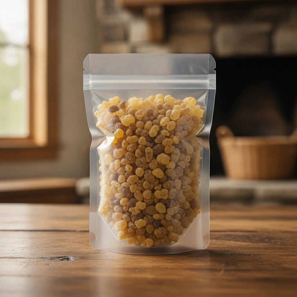 Sandarac Gum Resin Pieces (Tetraclinis Articulata) | The herb/berry/powder/fruit/root/bark that is in the black bowl, i would like it to shown in a plastic stand up resalable pouch that is clear.