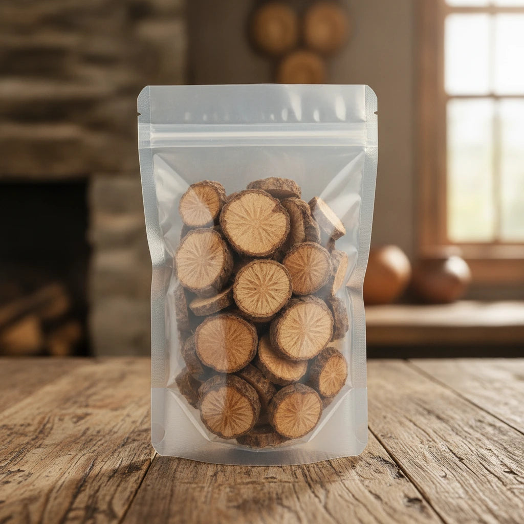 Sargentodoxa Vine Slices (Sargentodoxa Cuneata) | The herb/berry/powder/fruit/root/bark that is in the black bowl, i would like it to shown in a plastic stand up resalable pouch that is clear.