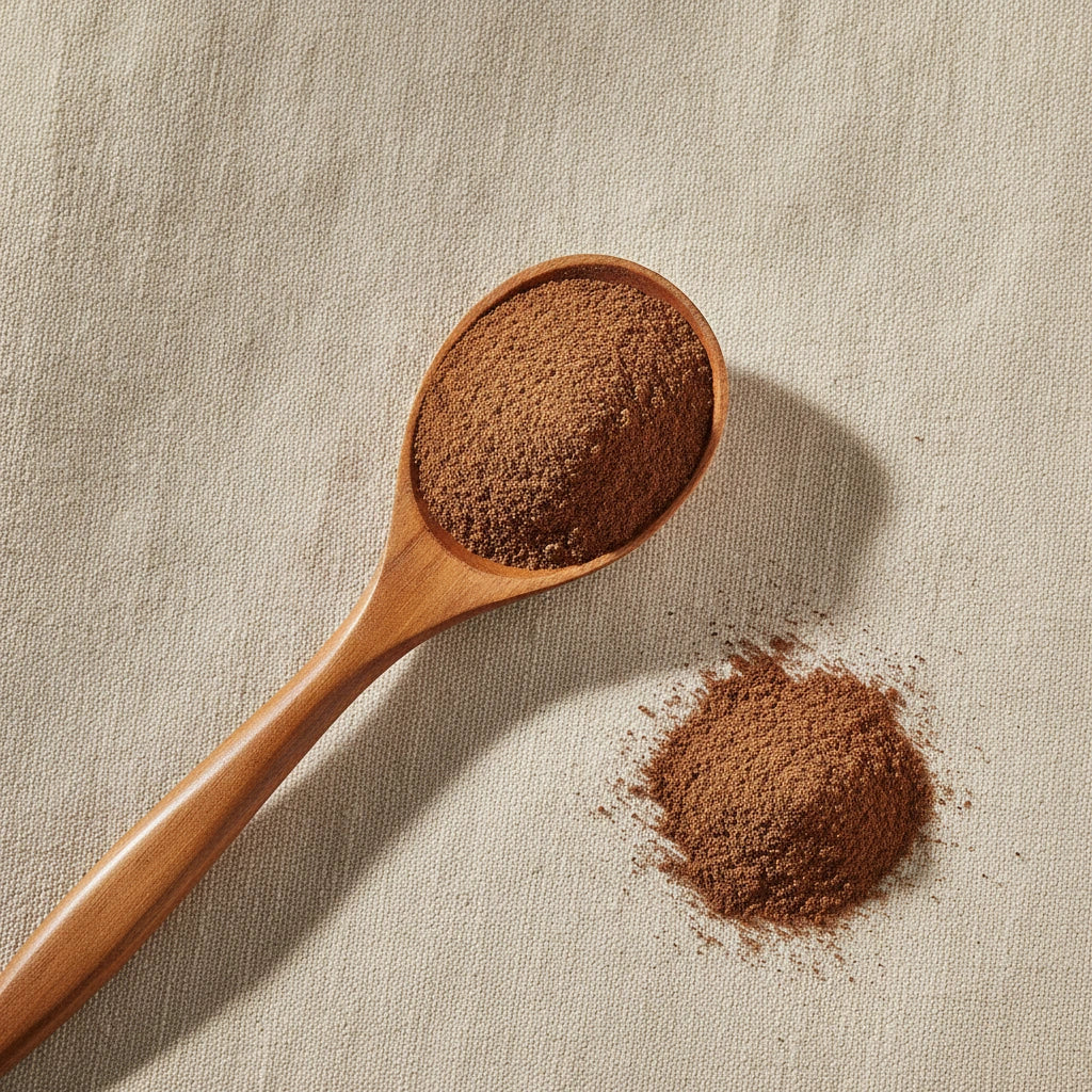 Sarsaparilla Root Powder (Indian) (Hemidesmus Indicus) | Create a luxurious, photorealistic product photograph featuring the original product naturally arranged in an elegant handcrafted wooden spoon on a soft, finely