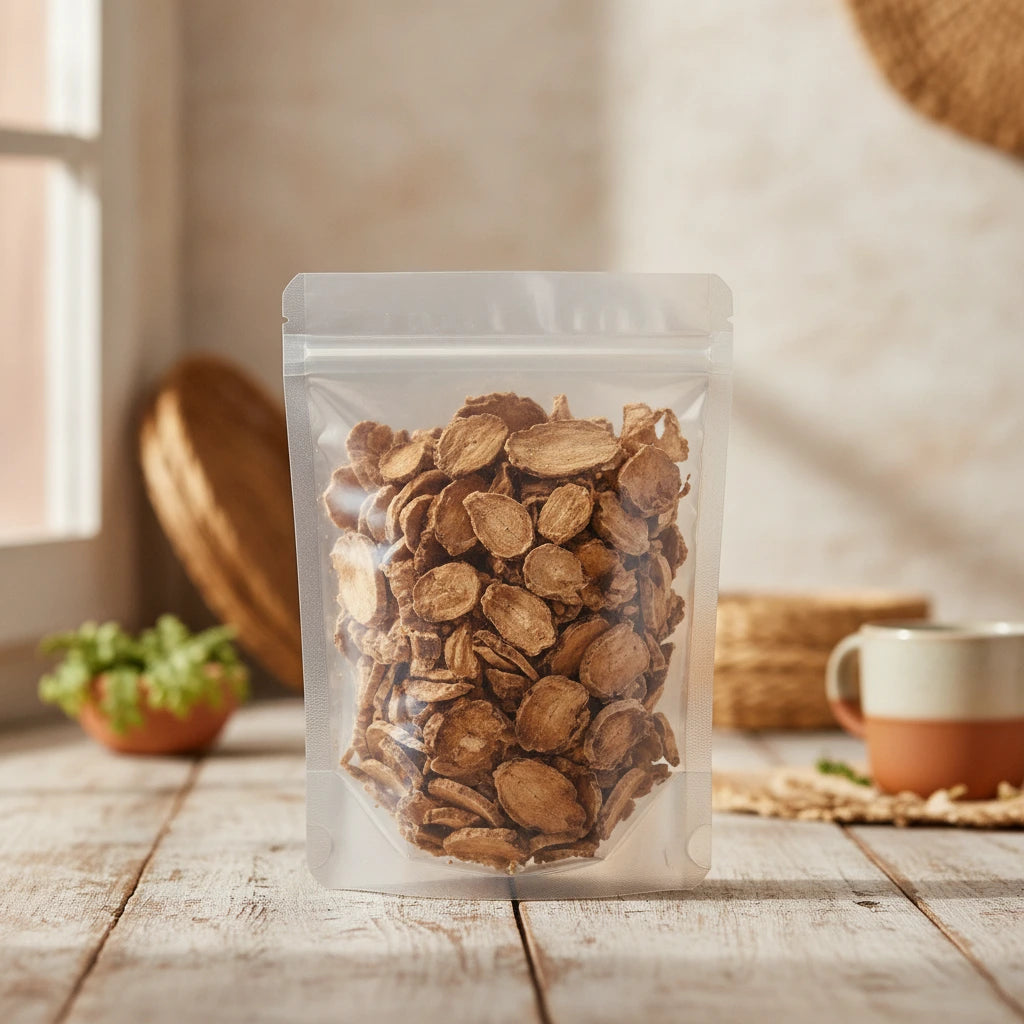 Sarsaparilla Root Slices (Red China Root) (Smilax Glabra) | The herb/berry/powder/fruit/root/bark that is in the black bowl, i would like it to shown in a plastic stand up resalable pouch that is clear.
