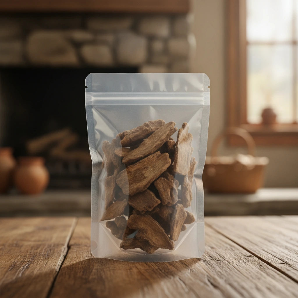 Saussurea Root Pieces (Saussurea Costus) | The herb/berry/powder/fruit/root/bark that is in the black bowl, i would like it to shown in a plastic stand up resalable pouch that is clear.