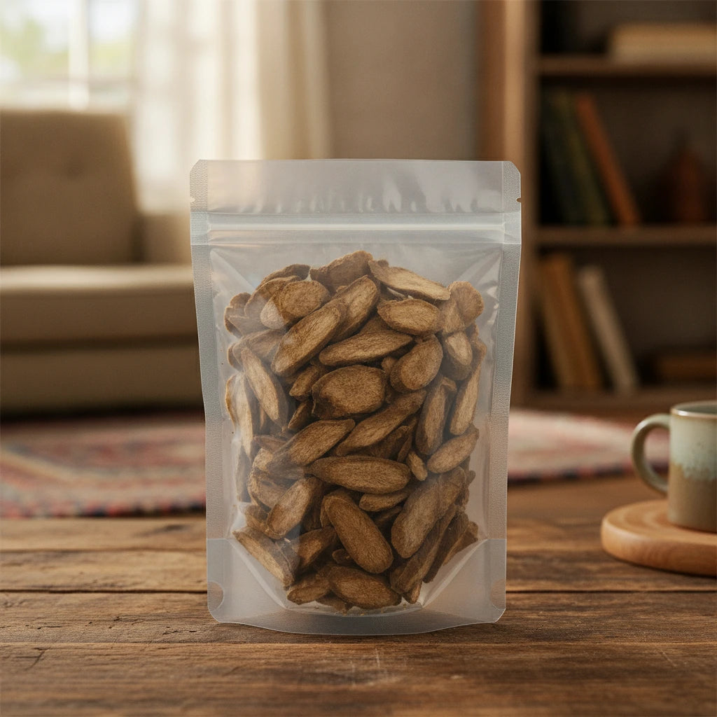 Scarlet Kadsura Root Slice (Kadsura Coccinea) | The herb/berry/powder/fruit/root/bark that is in the black bowl, i would like it to shown in a plastic stand up resalable pouch that is clear.