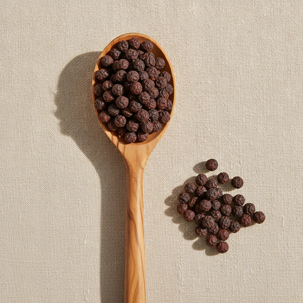 Schisandra Berry Whole (Schizandrae Chinensis) | Create a luxurious, photorealistic product photograph featuring the original product naturally arranged in an elegant handcrafted wooden spoon on a soft, finely
