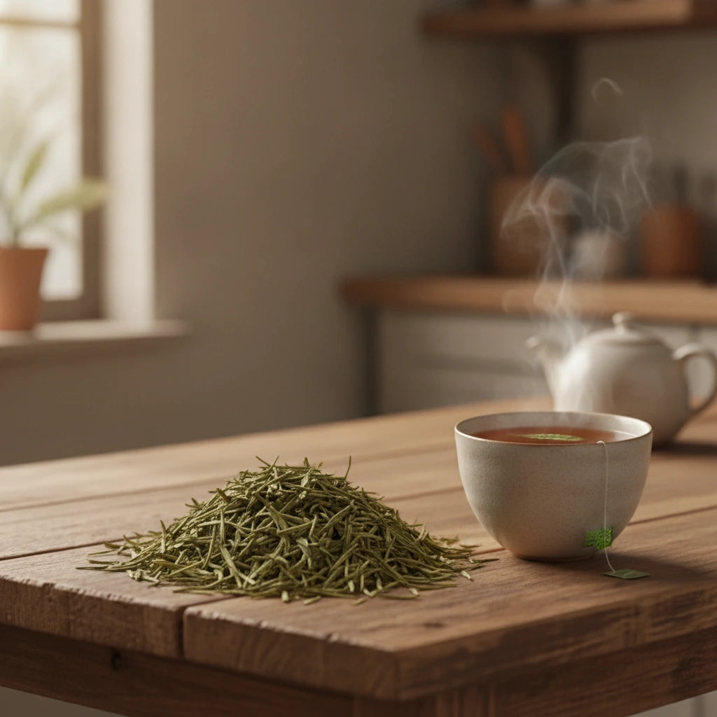 Sencha Green Tea (Camellia Sinensis) | Can you show this tea outside of the bag and bowl, on a table next to a hot tea cup in a rustic home.