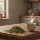 Sencha Green Tea (Camellia Sinensis) | Can you show this tea outside of the bag and bowl, on a table next to a hot tea cup in a rustic home.