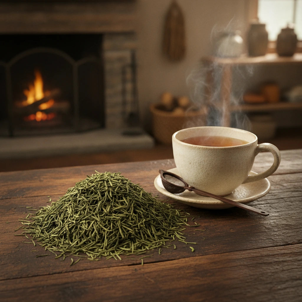 Sencha Green Tea (Decaffeinated) (Camellia Sinensis) | Can you show this tea outside of the bag and bowl, on a table next to a hot tea cup in a rustic home.
