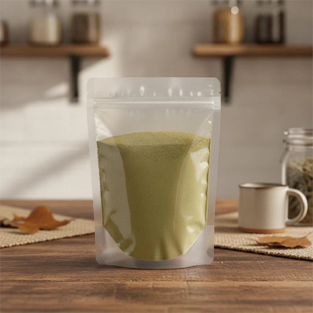 Senna Leaf Powder (Senna Alexandrina) | The herb/berry/powder/fruit/root/bark that is in the black bowl, i would like it to shown in a plastic stand up resalable pouch that is clear.