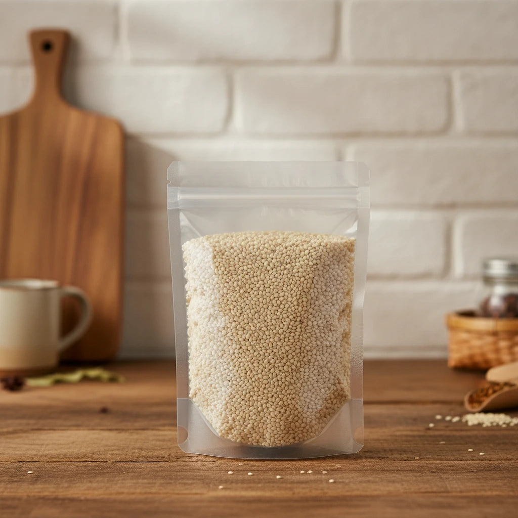 Sesame Seed Whole (Hulled) (Sesamum Indicum) | The herb/berry/powder/fruit/root/bark/seeds that is in the black bowl, i would like it to shown in a plastic stand up resalable pouch that is clear.