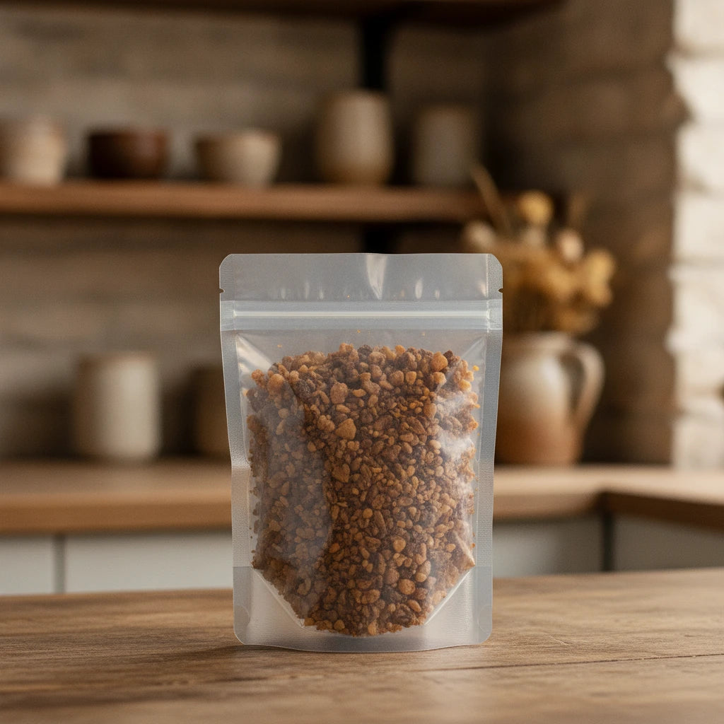 Siam Benzoin Resin Pieces (Styrax Tonkinensis) | The herb/berry/powder/fruit/root/bark that is in the black bowl, i would like it to shown in a plastic stand up resalable pouch that is clear.