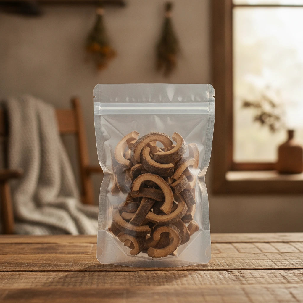 Silk Tree Bark Pieces (Albizia Julibrissin) | The herb/berry/powder/fruit/root/bark that is in the black bowl, i would like it to shown in a plastic stand up resalable pouch that is clear.