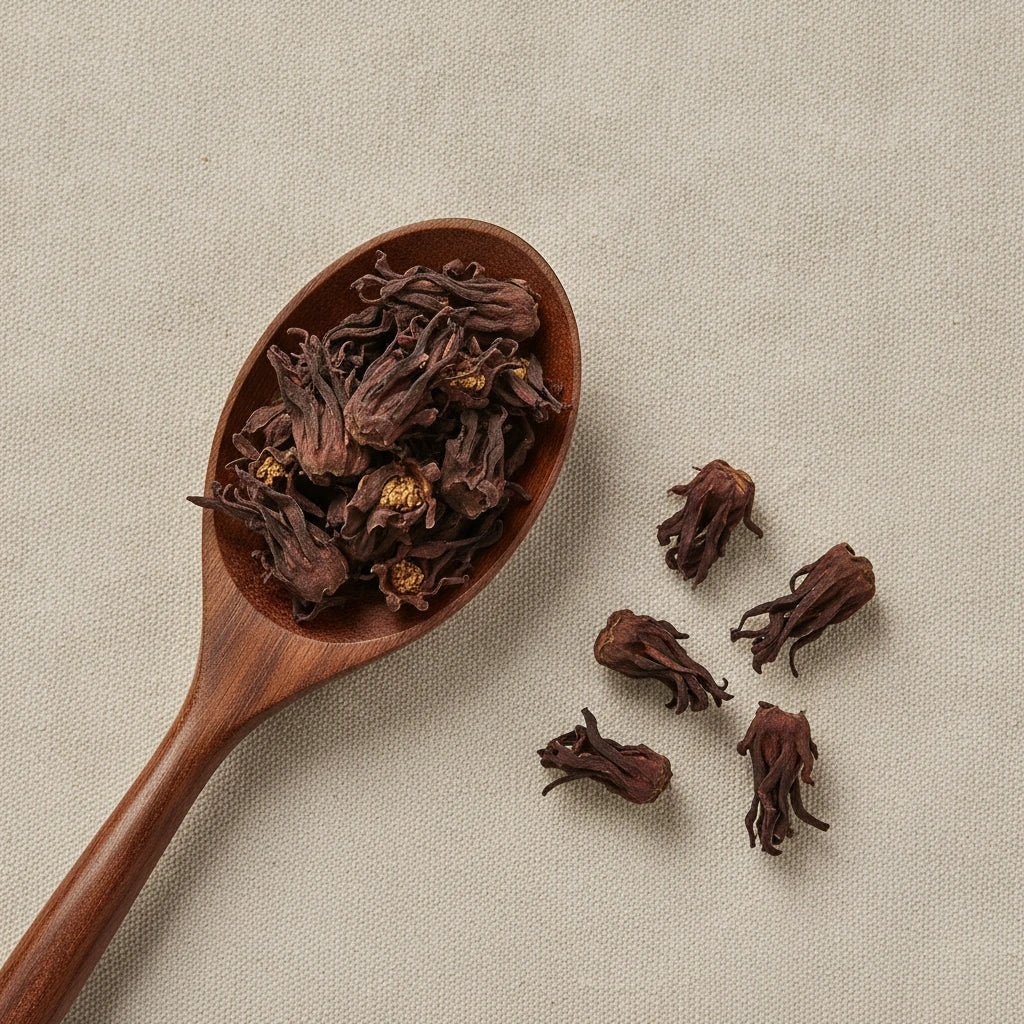 Silk Tree Flowers (Albizia Julibrissin) | Create a luxurious, photorealistic product photograph featuring the original product naturally arranged in an elegant handcrafted wooden spoon on a soft, finely