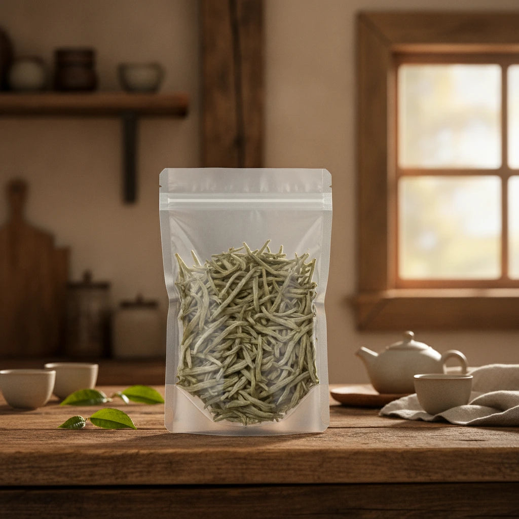 Silver Needle White Tea (Camellia Sinensis) | The herb/powder/tea that is in the black bowl, i would like it to shown in a plastic stand up resalable bag that is clear.
