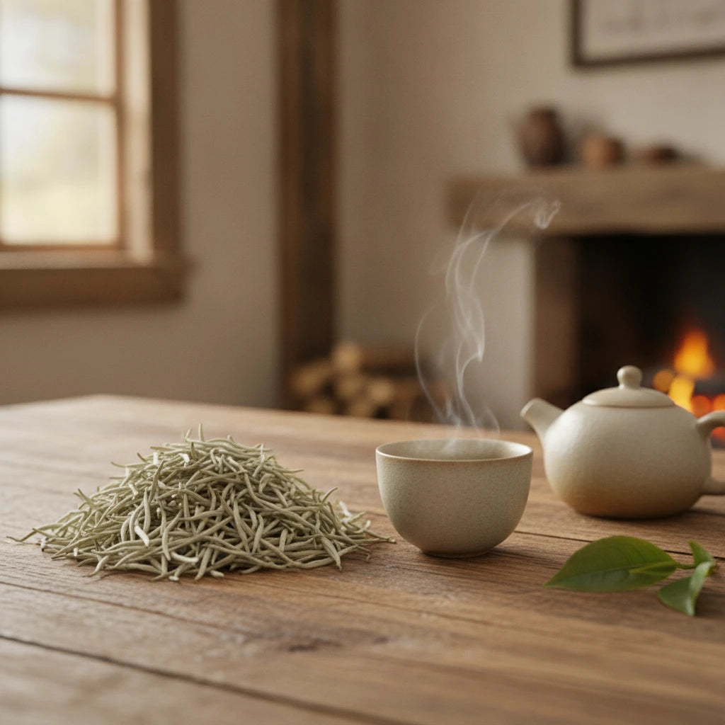 Silver Needle White Tea (Camellia Sinensis) | Can you show this tea outside of the bag and bowl, on a table next to a hot tea cup in a rustic home.
