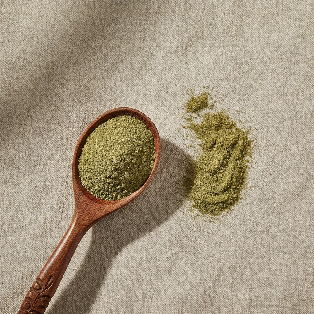 Skullcap Herb Powder (Scutellaria Lateriflora) | Create a luxurious, photorealistic product photograph featuring the original product naturally arranged in an elegant handcrafted wooden spoon on a soft, finely