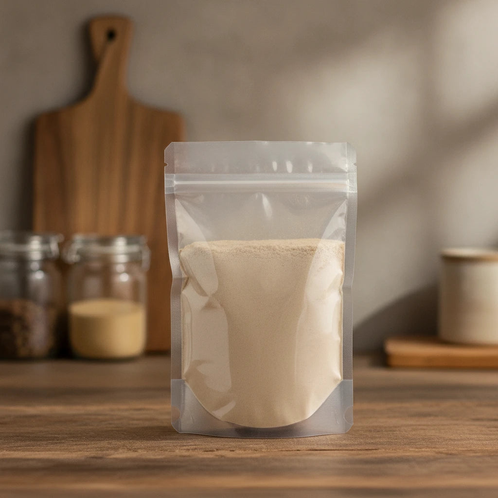 Slippery Elm Bark Powder (Ulmus Rubra) | The herb/berry/powder/fruit/root/bark that is in the black bowl, i would like it to shown in a plastic stand up resalable pouch that is clear.
