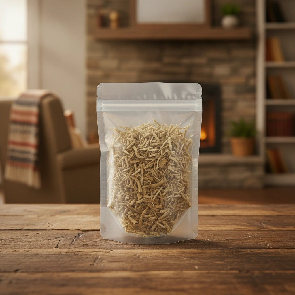 Spikenard Root Cut (Aralia Racemosa) | The herb/berry/powder/fruit/root/bark that is in the black bowl, i would like it to shown in a plastic stand up resalable pouch that is clear.