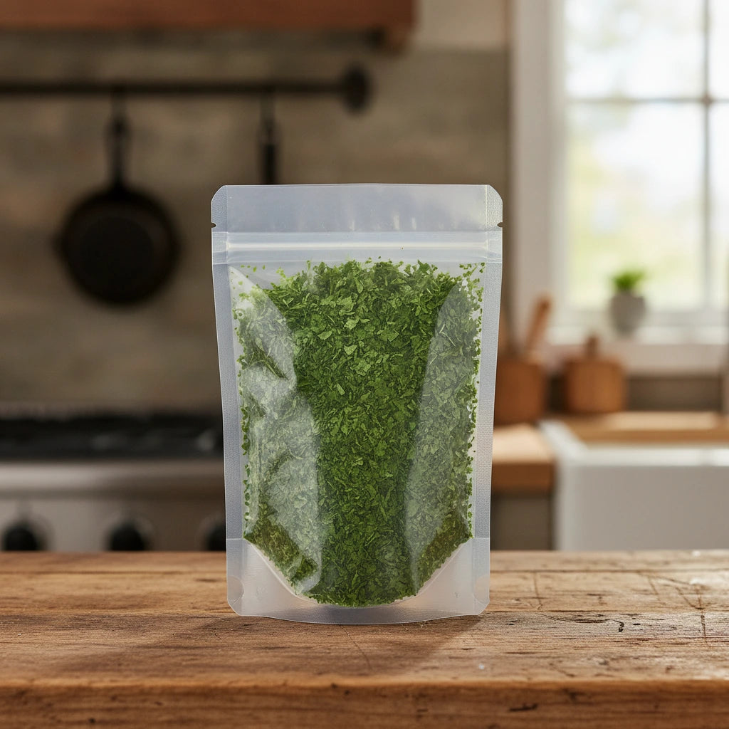 Spinach Flakes (Spinacia Oleracea) | The herb/berry/powder/fruit/root/bark that is in the black bowl, i would like it to shown in a plastic stand up resalable pouch that is clear.