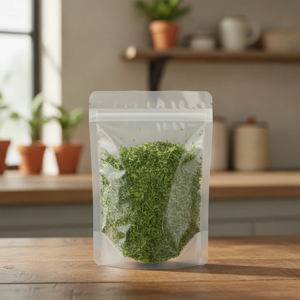 Stevia Leaf Cut (Stevia Rebaudiana) | The herb/berry/powder/fruit/root/bark that is in the black bowl, i would like it to shown in a plastic stand up resalable pouch that is clear.