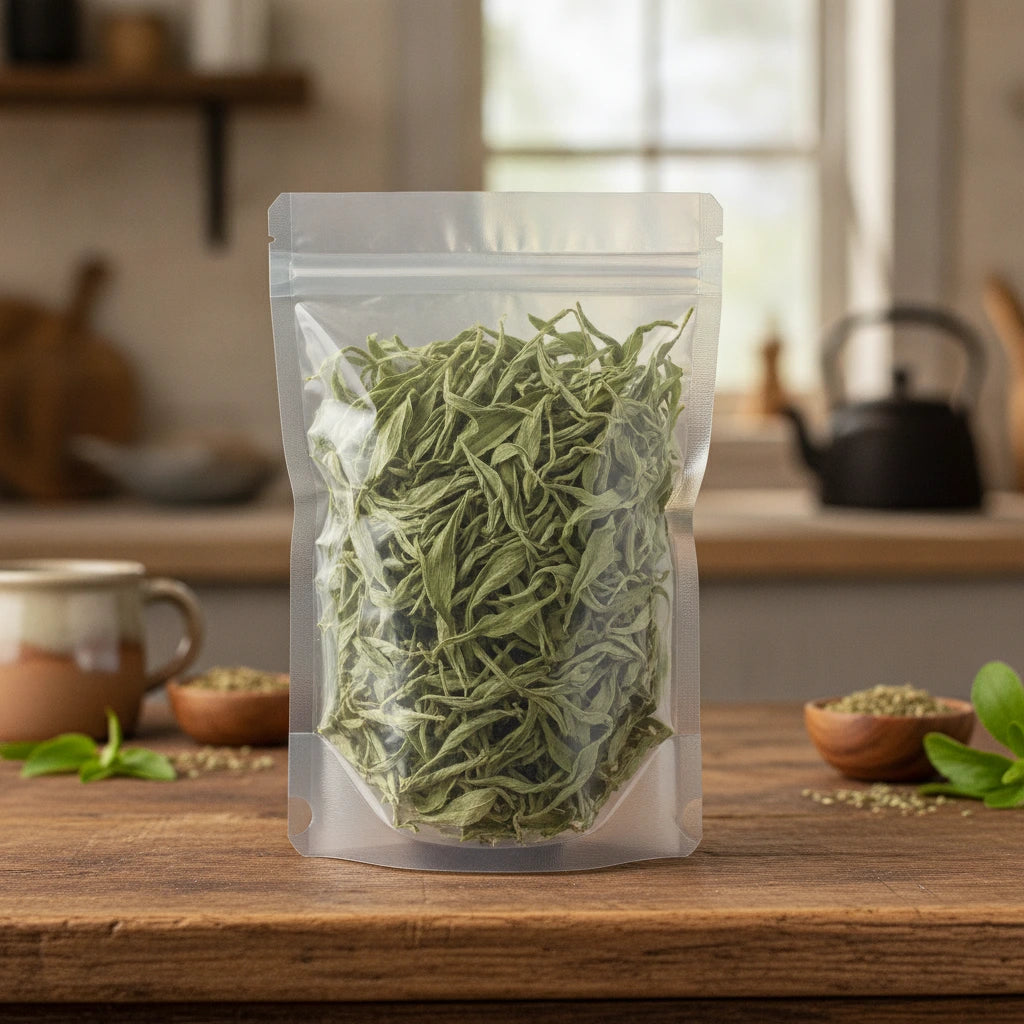 Stevia Leaf Whole (Stevia Rebaudiana) | The herb/berry/powder/fruit/root/bark that is in the black bowl, i would like it to shown in a plastic stand up resalable pouch that is clear.