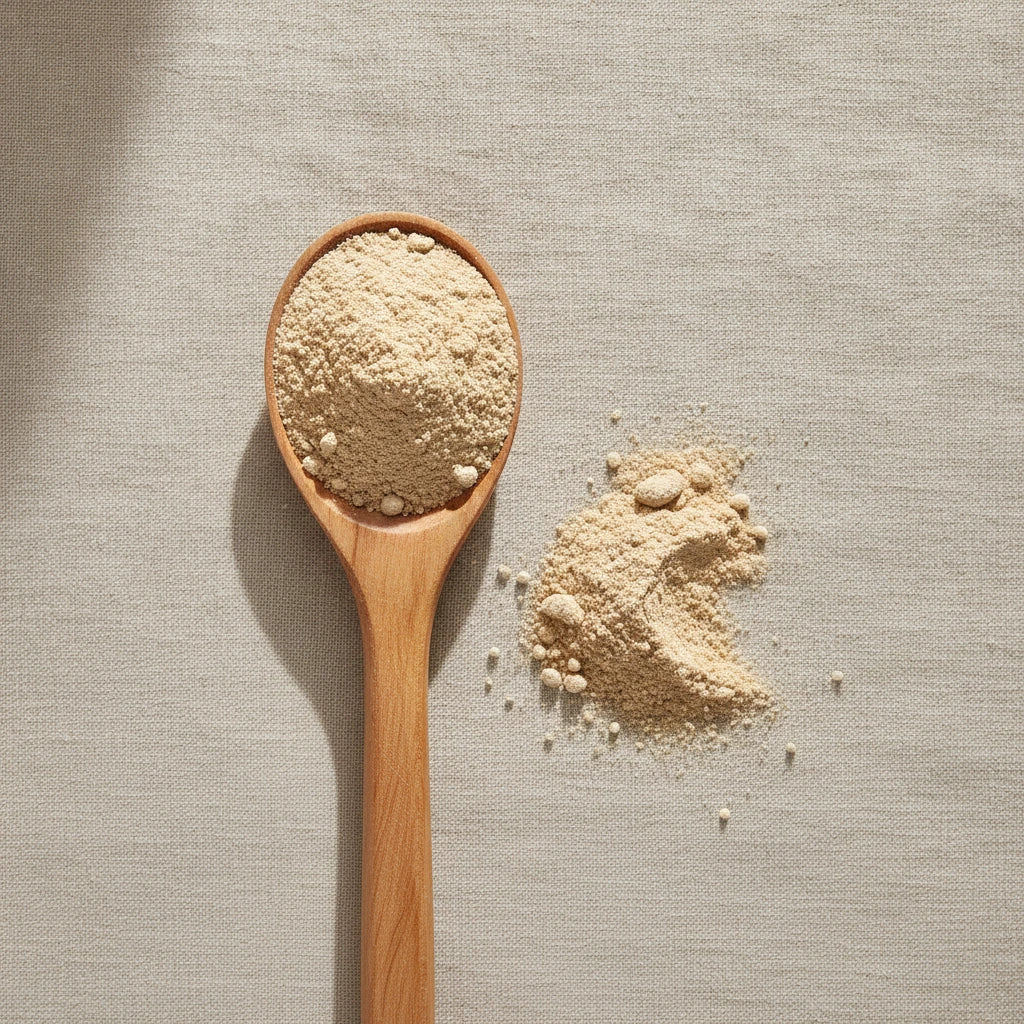 Stone Root Powder (Collinsonia Canadensis) | Create a luxurious, photorealistic product photograph featuring the original product naturally arranged in an elegant handcrafted wooden spoon on a soft, finely