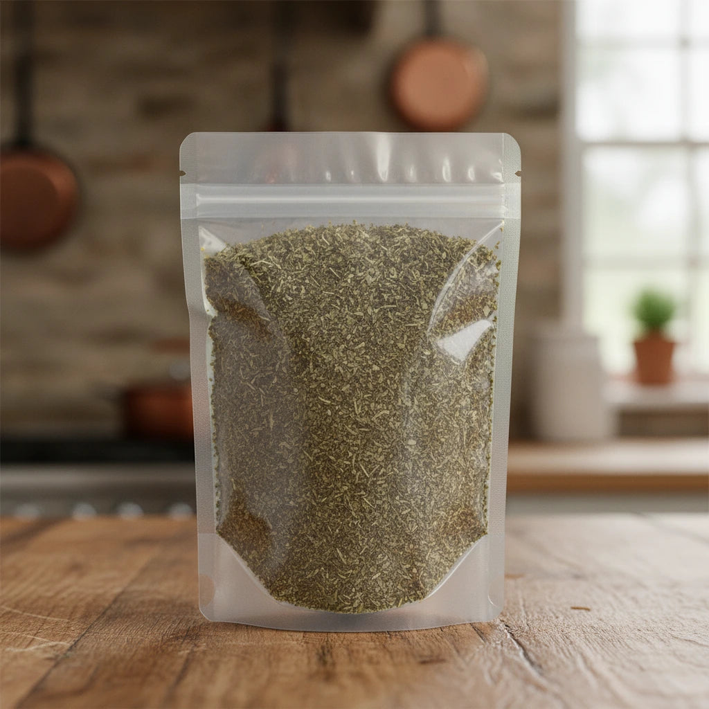 Strawberry Leaf Cut (Fragaria Vesca) | The herb/berry/powder/fruit/root/bark that is in the black bowl, i would like it to shown in a plastic stand up resalable pouch that is clear.