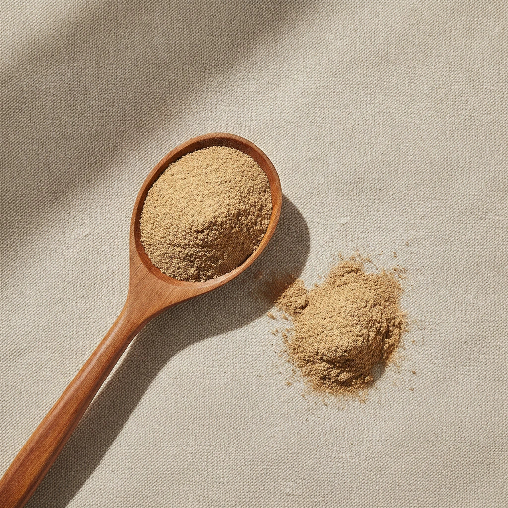 Suma Powder (Pfaffia Glomerata) | Create a luxurious, photorealistic product photograph featuring the original product naturally arranged in an elegant handcrafted wooden spoon on a soft, finely