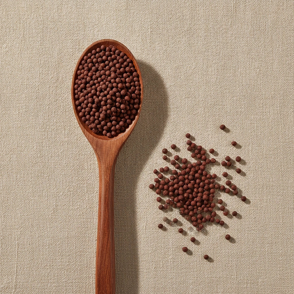 Sumac Berries Whole (Rhus Glabra) | Create a luxurious, photorealistic product photograph featuring the original product naturally arranged in an elegant handcrafted wooden spoon on a soft, finely