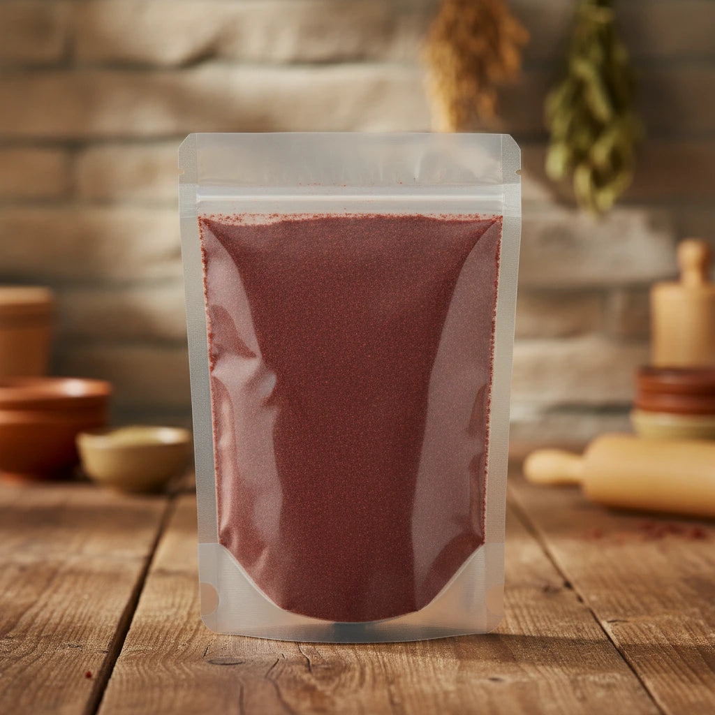 Sumac Berry Powder (Rhus Coriaria) | The herb/berry/powder/fruit/root/bark that is in the black bowl, i would like it to shown in a plastic stand up resalable pouch that is clear.