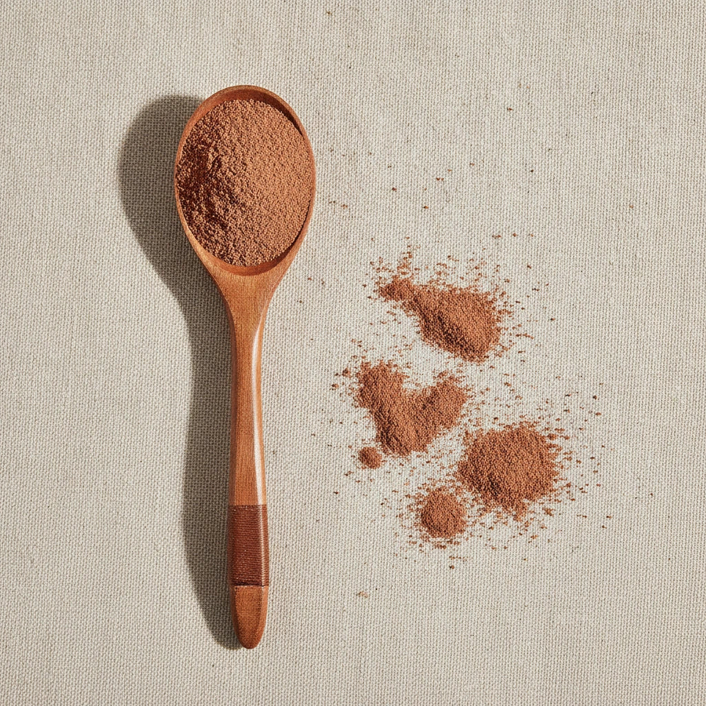 Super Berry Antioxidant Blend | Create a luxurious, photorealistic product photograph featuring the original product naturally arranged in an elegant handcrafted wooden spoon on a soft, finely