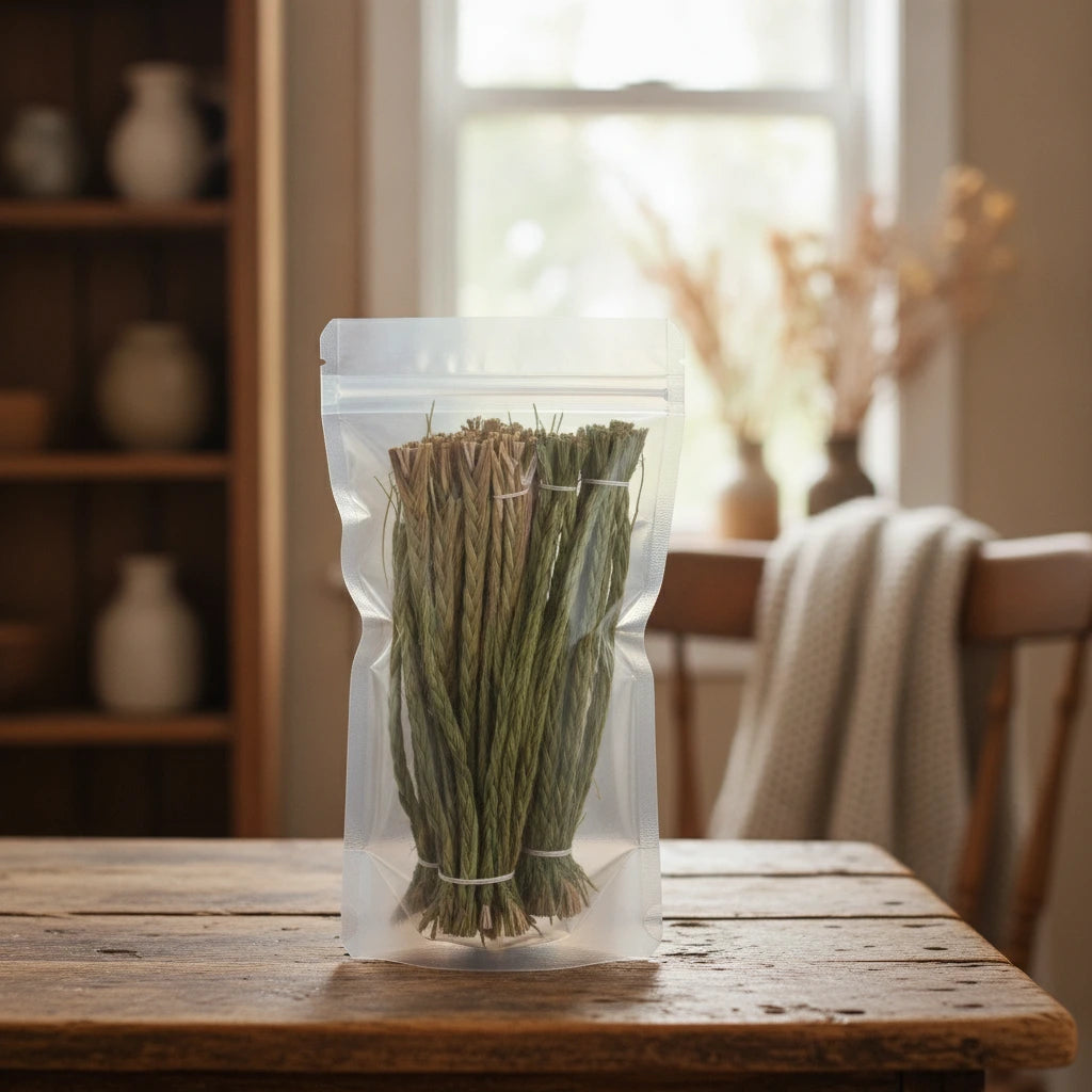 Sweetgrass Braids 24" (Hierochloe Odorata) | The herb/berry/powder/fruit/root/bark that is in the black bowl, i would like it to shown in a plastic stand up resalable pouch that is clear.