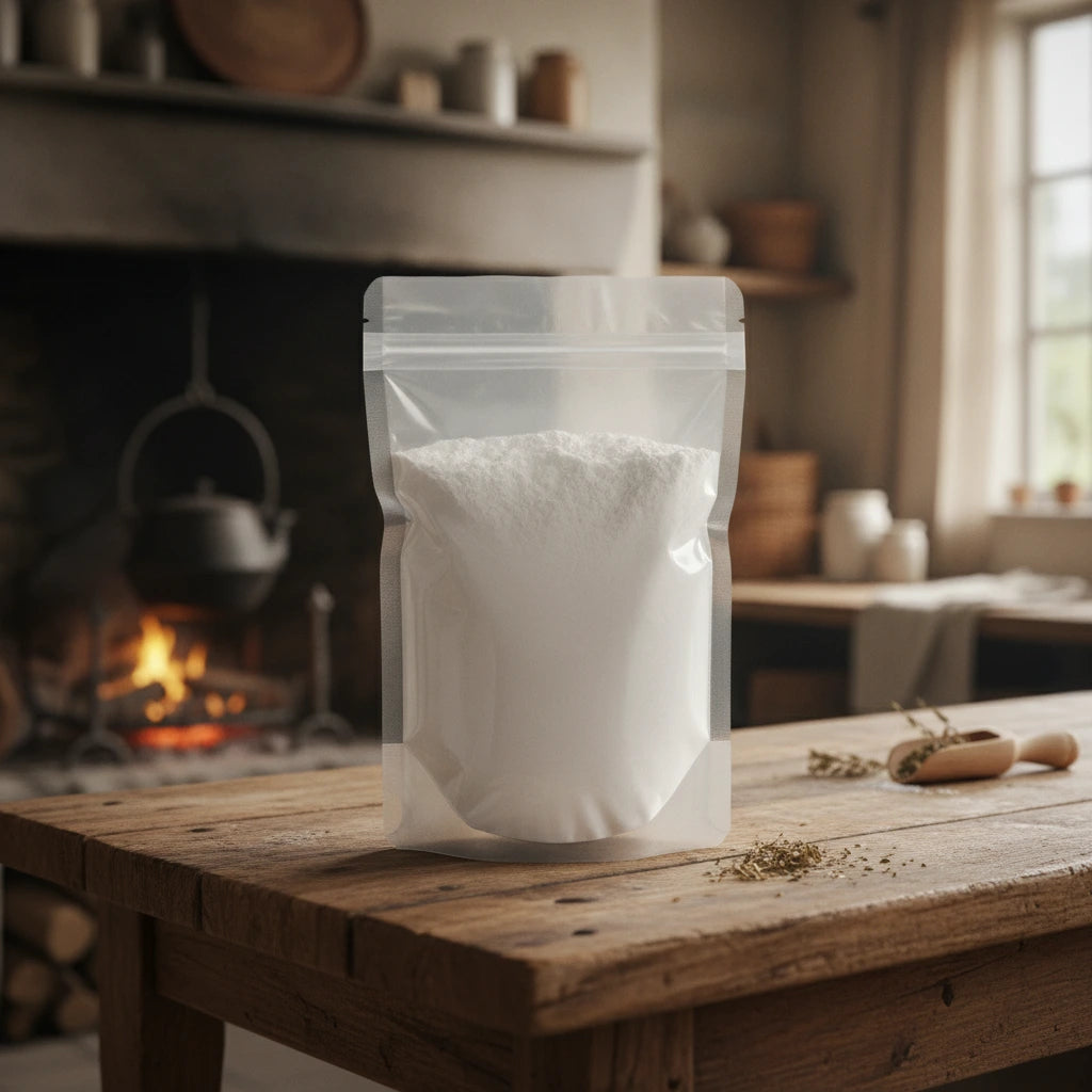 Talcum Powder (Hydrated Magnesium Silicate, Mg₃Si₄O₁₀(OH)₂) | The herb/berry/powder/fruit/root/bark that is in the black bowl, i would like it to shown in a plastic stand up resalable pouch that is clear.