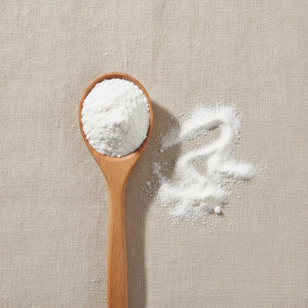 Talcum Powder (Hydrated Magnesium Silicate, Mg₃Si₄O₁₀(OH)₂) | Create a luxurious, photorealistic product photograph featuring the original product naturally arranged in an elegant handcrafted wooden spoon on a soft, finely