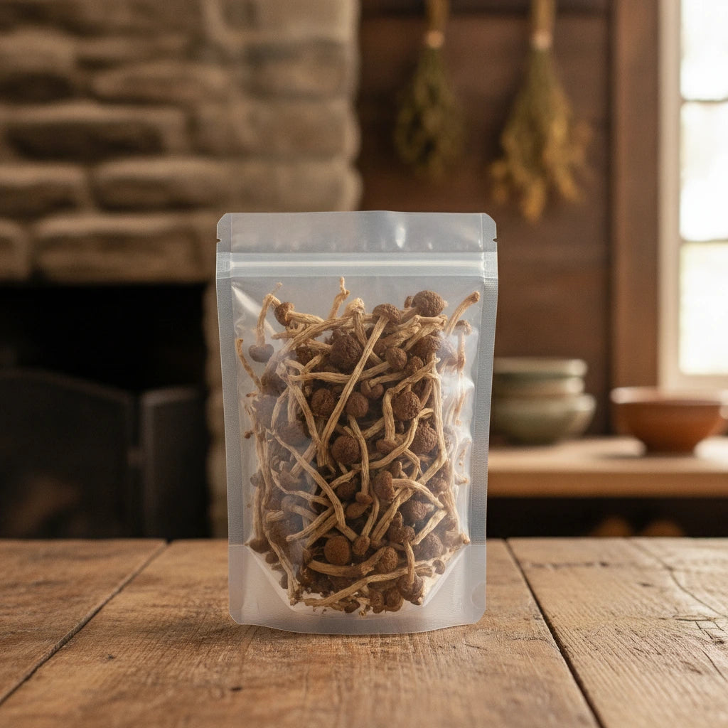 Tea Tree Mushroom Whole (Cyclocybe Aegerita) | The herb/berry/powder/fruit/root/bark that is in the black bowl, i would like it to shown in a plastic stand up resalable pouch that is clear.
