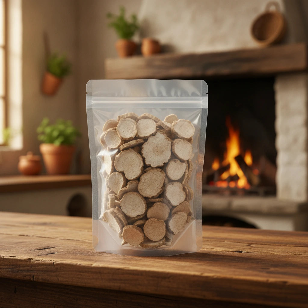 Tiger Milk Mushroom Slices (Lignosus Rhinocerus) | The herb/berry/powder/fruit/root/bark that is in the black bowl, i would like it to shown in a plastic stand up resalable pouch that is clear.