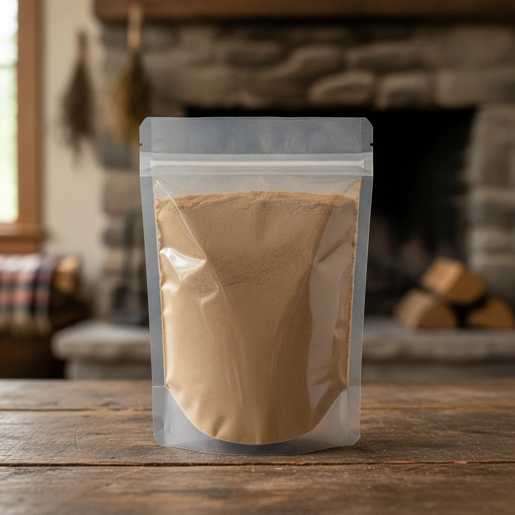 Tongkat Ali Powder (Eurycoma Longifolia Jack) | The herb/berry/powder/fruit/root/bark that is in the black bowl, i would like it to shown in a plastic stand up resalable pouch that is clear.