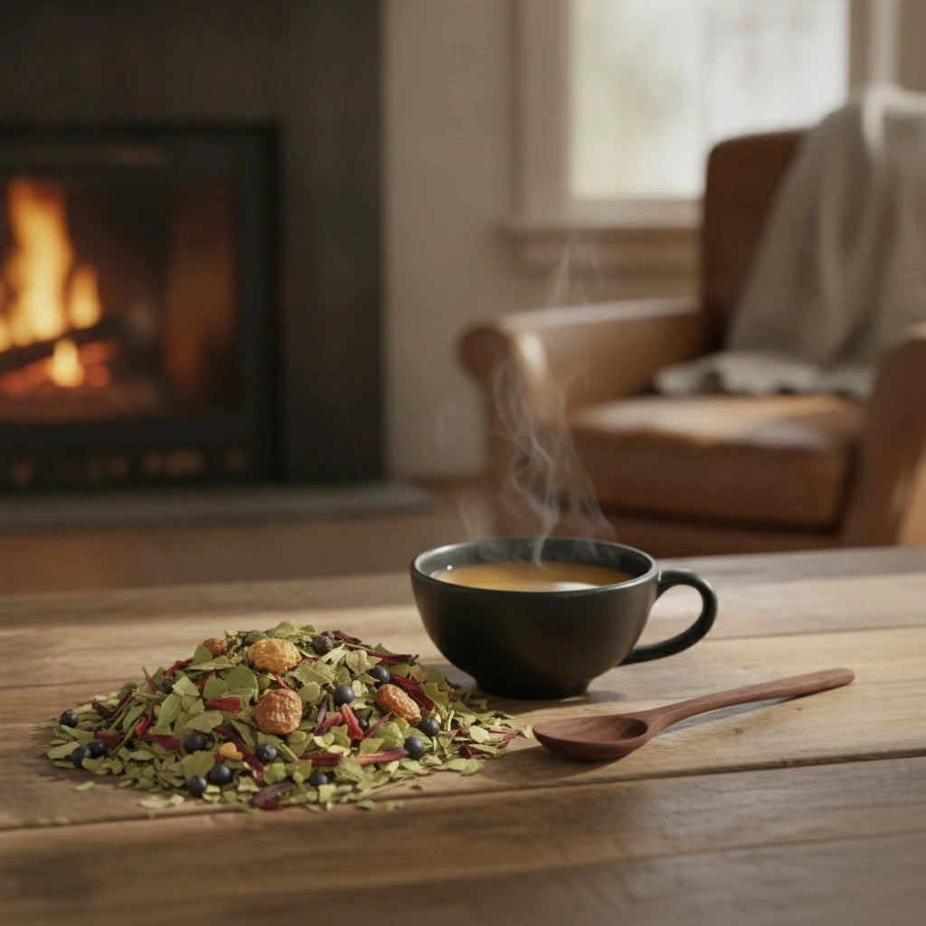 Triple Berry Herbal Tea | Can you show this tea outside of the bag and bowl, on a table next to a hot tea cup in a rustic home.