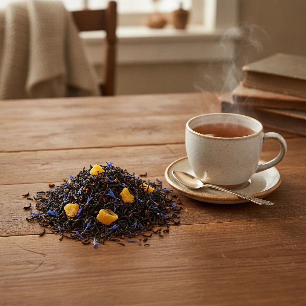 Tropical Fruit Black Tea (Camellia Sinensis) | Can you show this tea outside of the bag and bowl, on a table next to a hot tea cup in a rustic home.