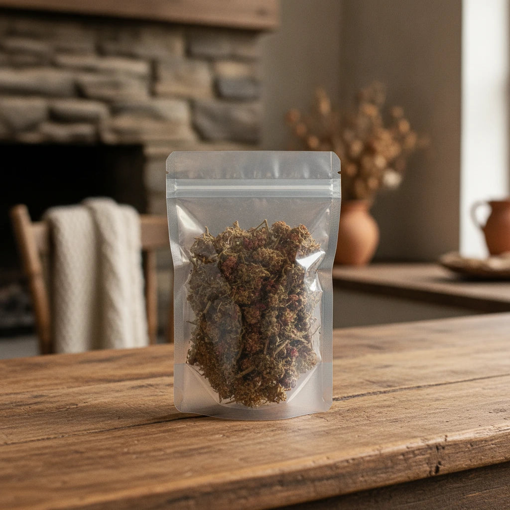 Tropical Sundew Herb Pieces (Drosera Burmannii) | The herb/berry/powder/fruit/root/bark that is in the black bowl, i would like it to shown in a plastic stand up resalable pouch that is clear.