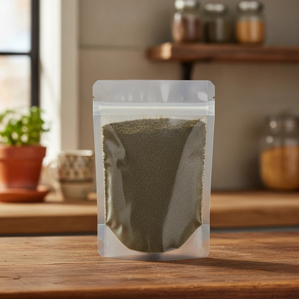 Tulsi Leaf Cut (Ocimum Tenuiflorum) | The herb/berry/powder/fruit/root/bark that is in the black bowl, i would like it to shown in a plastic stand up resalable pouch that is clear.