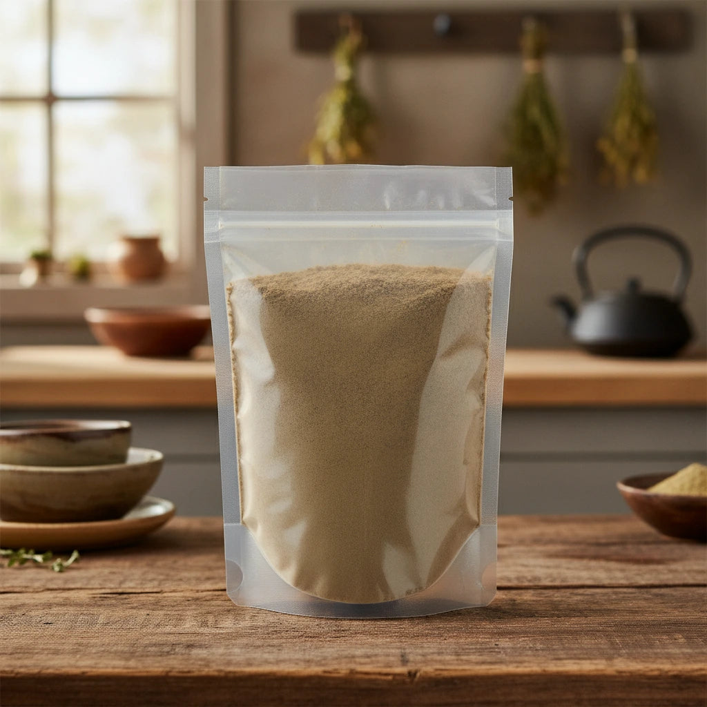 Turkey Tail Mushroom Powder (Trametes Versicolor) | The herb/berry/powder/fruit/root/bark that is in the black bowl, i would like it to shown in a plastic stand up resalable pouch that is clear.