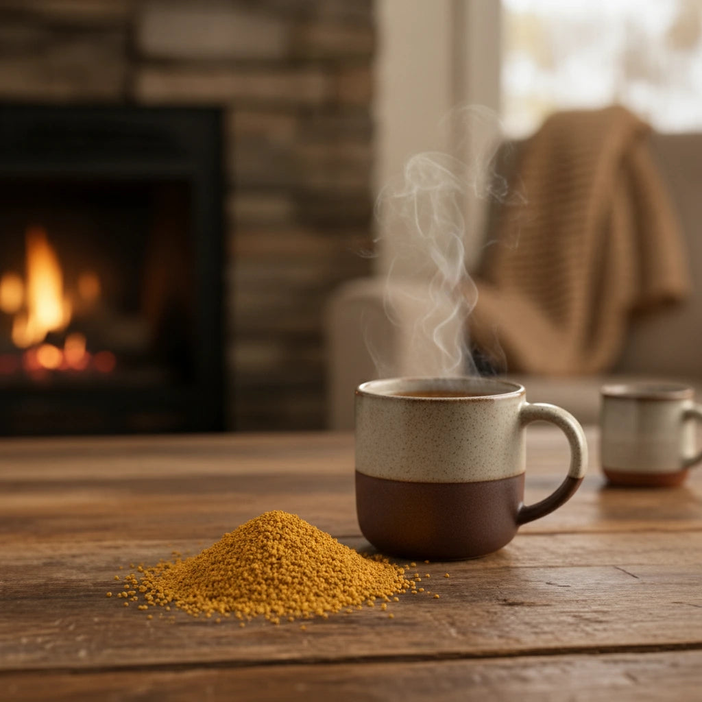 Turmeric Golden Chai Tea | Can you show this tea outside of the bag and bowl, on a table next to a hot tea cup in a rustic home.