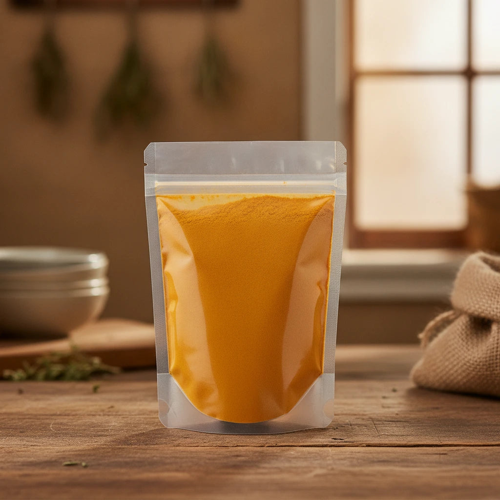 Turmeric Root Powder (Curcuma Longa) | The herb/berry/powder/fruit/root/bark that is in the black bowl, i would like it to shown in a plastic stand up resalable pouch that is clear.
