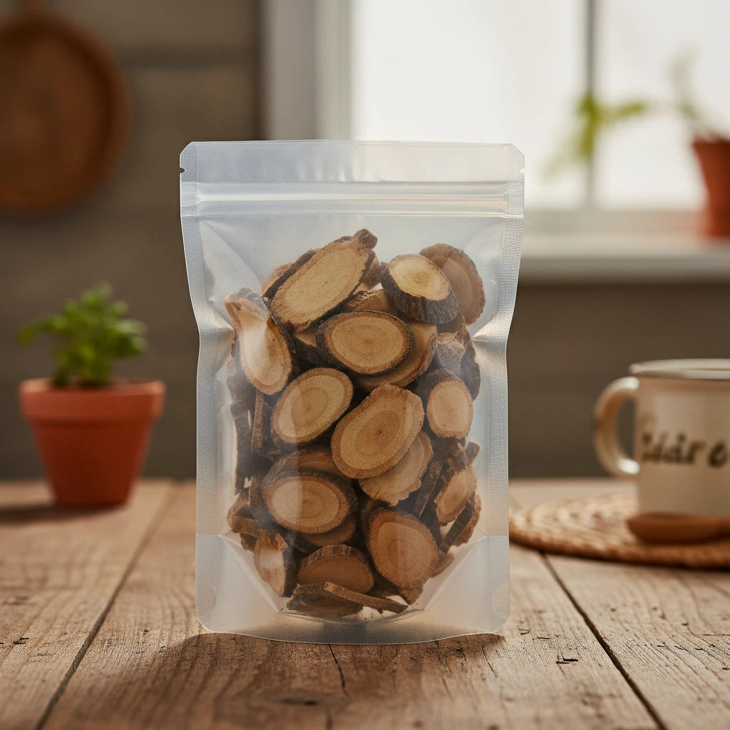 Umbrella Polypore Sclerotium Slice (Polyporus Umbellatus) | The herb/berry/powder/fruit/root/bark that is in the black bowl, i would like it to shown in a plastic stand up resalable pouch that is clear.
