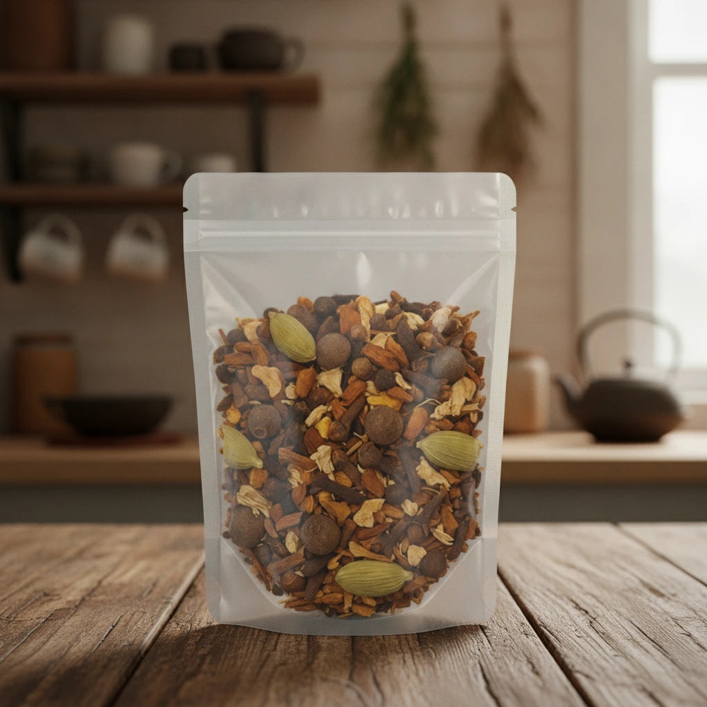 Up N' Atom Chai Tea | The herb/powder/tea that is in the black bowl, i would like it to shown in a plastic stand up resalable bag that is clear.