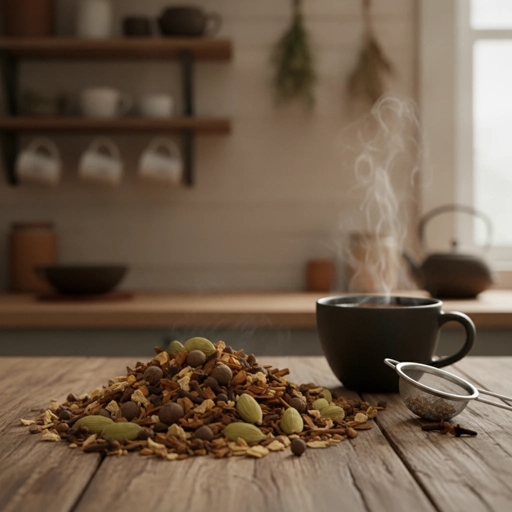 Up N' Atom Chai Tea | Can you show this tea outside of the bag and bowl, on a table next to a hot tea cup in a rustic home.