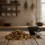 Up N' Atom Chai Tea | Can you show this tea outside of the bag and bowl, on a table next to a hot tea cup in a rustic home.