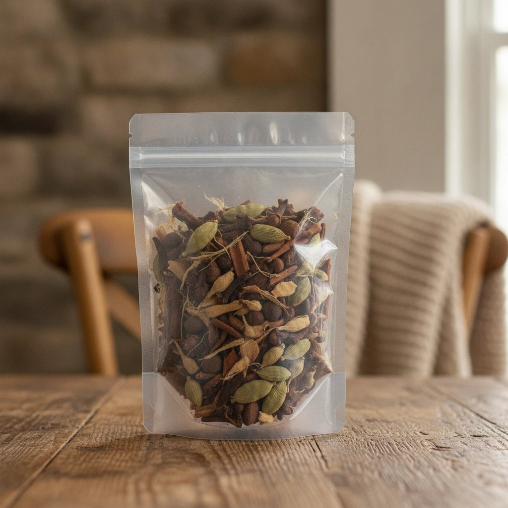 Up N' Atom Chai Tea (Camellia Sinensis) | The herb/powder/tea that is in the black bowl, i would like it to shown in a plastic stand up resalable bag that is clear.