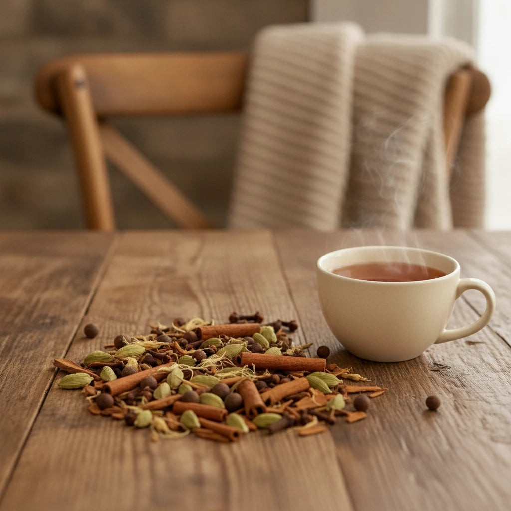 Up N' Atom Chai Tea (Camellia Sinensis) | Can you show this tea outside of the bag and bowl, on a table next to a hot tea cup in a rustic home.
