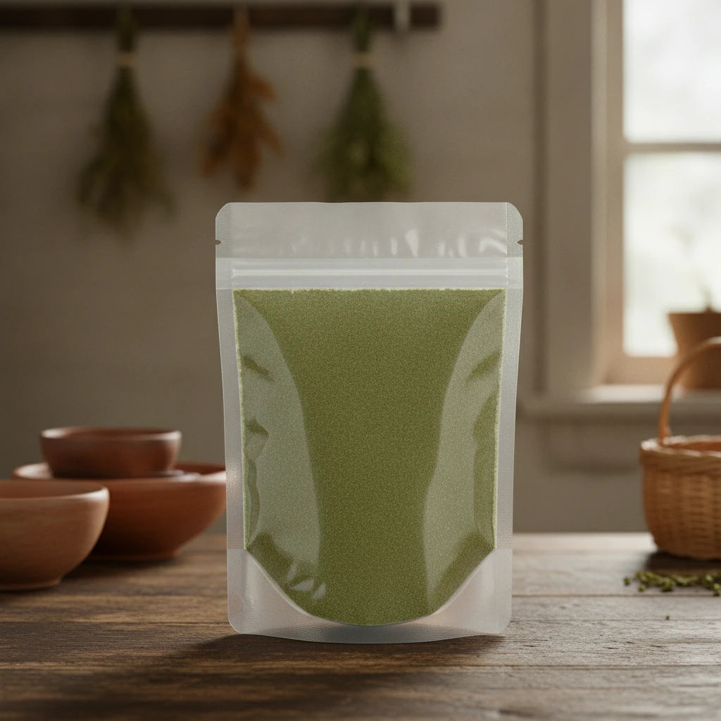 Uva Ursi Powder (Arctostaphylos Uva Ursi) | The herb/berry/powder/fruit/root/bark that is in the black bowl, i would like it to shown in a plastic stand up resalable pouch that is clear.